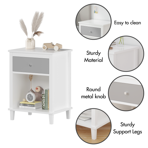 26.77''H Wooden Nightstand with One Drawer One Shelf for Kids, Adults,Gray+Silver handle