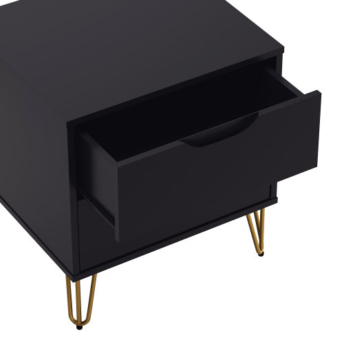 Black Modern Nightstand, 2 Drawers & Metal Legs