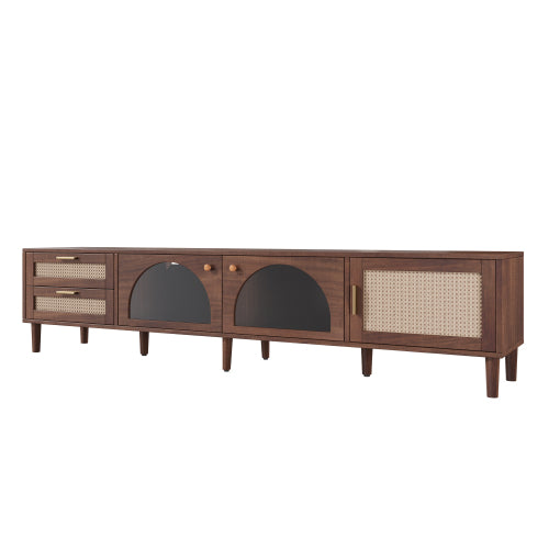 86.6 inch Dark Brown App Controlled LED Rattan TV Stand Glass Cabinets Fits Up To 90 inch TV