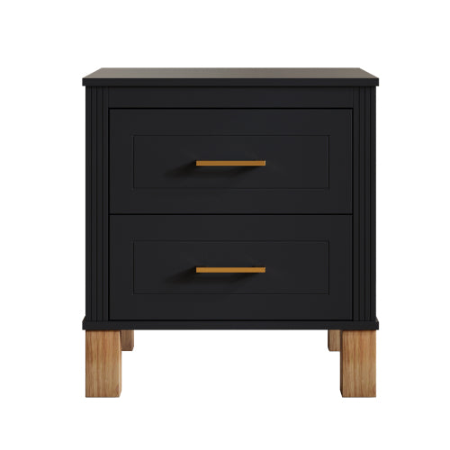 Black Fluted Nightstand, 2-Drawer Bedside Table with Metal Handles & Solid Wood Legs
