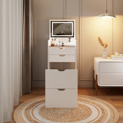 3-in-1 Multifunctional Vanity Desk Set, Flip-Up Mirror, 3-Color Lights, 2 Drawers, Hidden Storage Stool, Pink