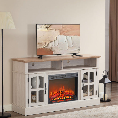 58" Fireplace TV Stand, Entertainment Center with 23" Electric Fireplace, TV Table for TVs up to 70 Inch, Media Console Cabinet with Storage and Glass Doors for Living Room