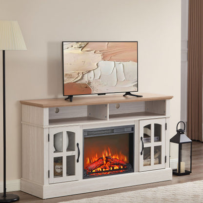 58" Fireplace TV Stand, Entertainment Center with 23" Electric Fireplace, TV Table for TVs up to 70 Inch, Media Console Cabinet with Storage and Glass Doors for Living Room