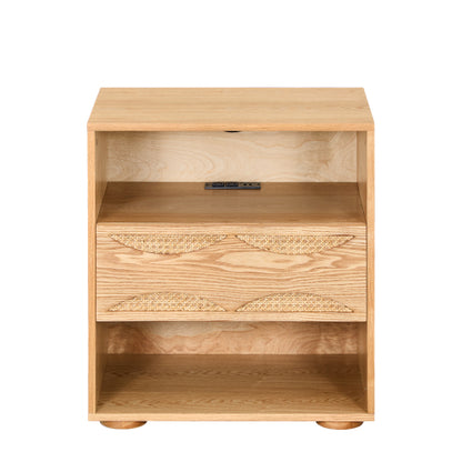 Mid Century Modern Rattan Nightstand with Charging Station USB Ports & Outlet Hole & 4 Solid Wood Bases, Farmhouse End Table with Open Space and Drawer Dresser, Natural