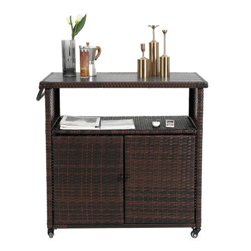 Outdoor Wicker Bar Cart, Patio Wine Serving Cart w/Wheels , Rolling Rattan Beverage Bar Counter Table plastic wood Top for Porch Backyard Garden Poolside Party, Light brown