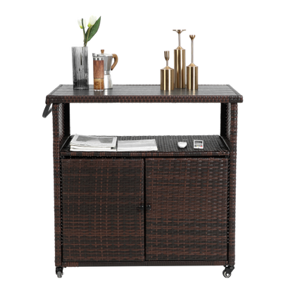 Outdoor Wicker Bar Cart, Patio Wine Serving Cart w/Wheels , Rolling Rattan Beverage Bar Counter Table plastic wood Top for Porch Backyard Garden Poolside Party, Light brown