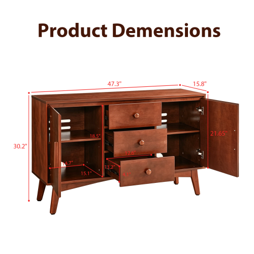 Walnut Mid Century Buffet Cabinet with 3 Drawers