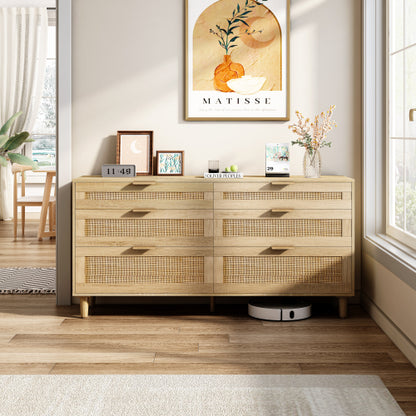 Natural Tone 6-Drawer Rattan Bedroom Storage Dresser With Metal Handle