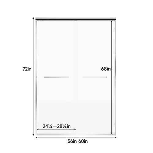 56"-60" W x 72" H Chrome Aluminum Frame Double Sliding Shower Door with 1/4" (6mm) Nano-Coated Clear Tempered Glass and Dual Stainless Steel Handles