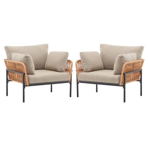 [Set of 2] 36" Beige and Light Wood-Tone Rope Iron Lounge Chair with Cushions, Perfect for Natural and Modern Spaces