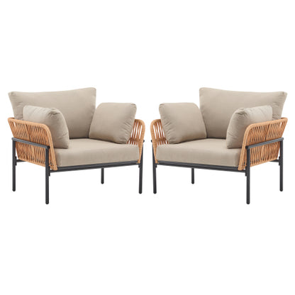 [Set of 2] 36" Beige and Light Wood-Tone Rope Iron Lounge Chair with Cushions, Perfect for Natural and Modern Spaces