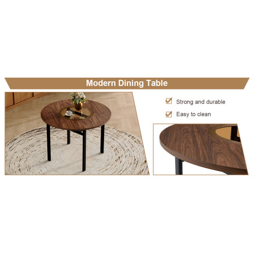 Round Wood Grain Dining Table with Glass Inlay & Glass Shelf