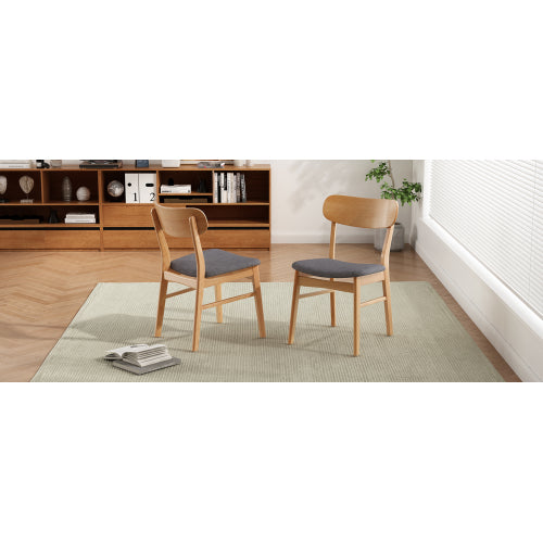 Set of 2 Dark Grey Fabric Dining Chairs, Natural Oak Finish Solid Rubberwood Leg Minimalist Side Chairs