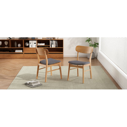Set of 2 Dark Grey Fabric Dining Chairs, Natural Oak Finish Solid Rubberwood Leg Minimalist Side Chairs