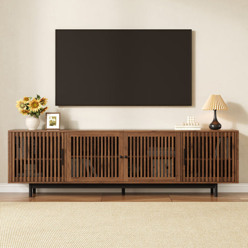 78.7 inch Walnut Slatted Door TV Stand Solid Rubber Wood Leg Media Console Holds 85 inch TV