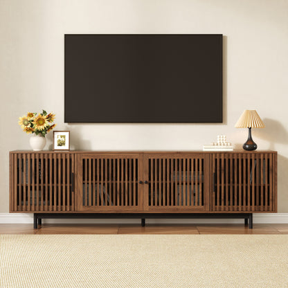 78.7 inch Walnut Slatted Door TV Stand Solid Rubber Wood Leg Media Console Holds 85 inch TV