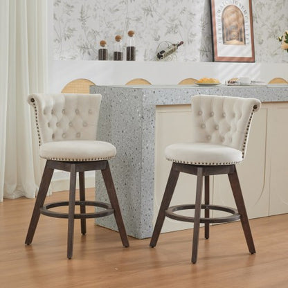26inch Counter Height Bar Stools Set of 2, 360¡ã Swivel Stools with Back & Hand - Tufted Button - Trimmed Edges, Upholstered Velvet Kitchen Counter Stools on Wood Legs,Beige
