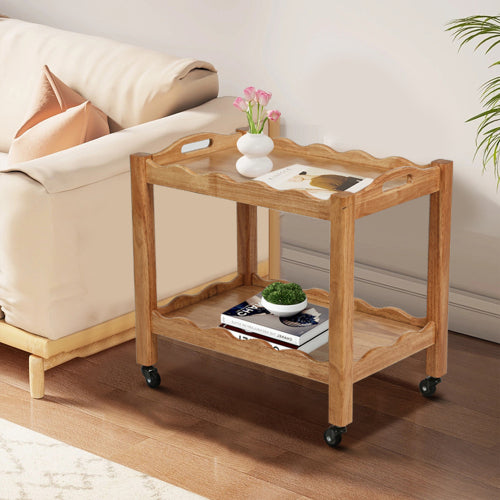 Solid Rubberwood Rolling Side Table, 2-Tier with Lockable Wheels & Removable Tray, Sturdy Durable for Bar Cart, Nightstand, End Table, Sofa Table