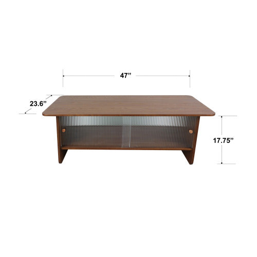 47inch  Rectangular Coffee Table with Fluted Glass Doors, Walnut