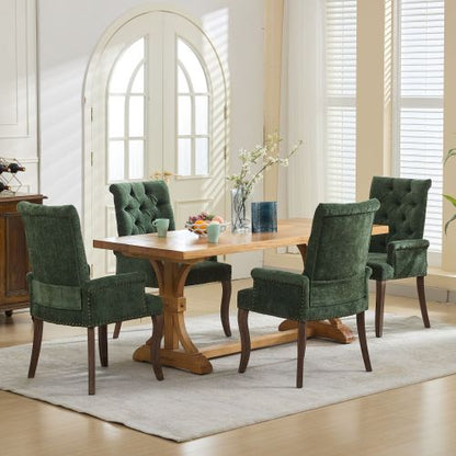 Single Olive Green Chenille Tufted Arm Dining Chair, Curved Hand Sanded Solid Wood Legs 300lbs Capacity