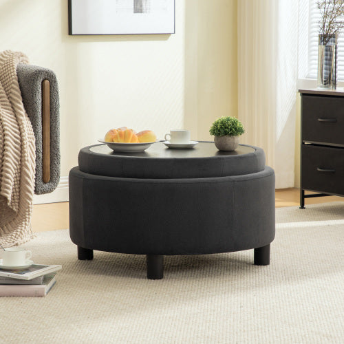 29.33 inch Grey Fleece Round Storage Ottoman, Hand Buckle Decor Reversible Lid Footstool, 300 LBS