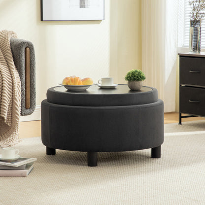 29.33 inch Grey Fleece Round Storage Ottoman, Hand Buckle Decor Reversible Lid Footstool, 300 LBS