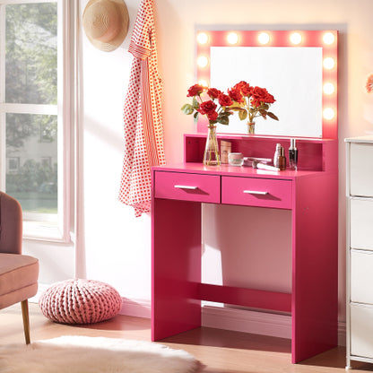Rose Pink Vanity Desk with Mirror & Lights, 11 LED Bulbs, 2 Large Drawers, 2-Level Storage, 3 Lighting Modes