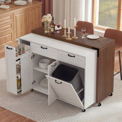 102 Inch Kitchen Island with Extendable Dining Table & Trash Storage White
