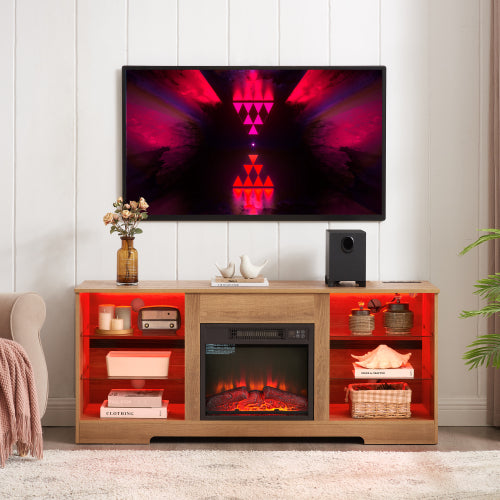 Oak 58 inch TV Stand with Electric Fireplace, LED Lights and Storage