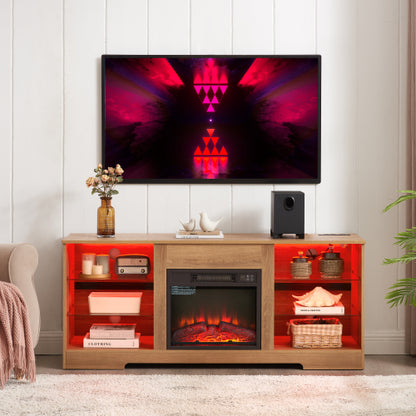 Oak 58 inch TV Stand with Electric Fireplace, LED Lights and Storage