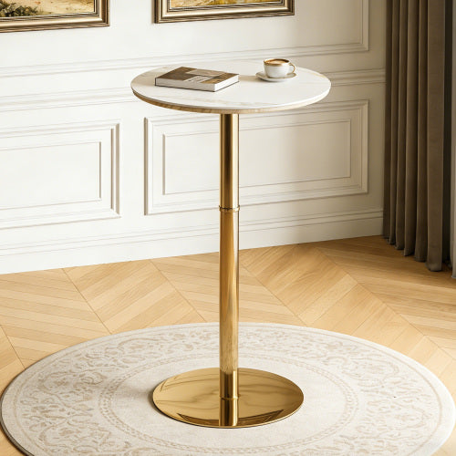 Rock slab circular tabletop non adjustable (39.5 inches high) bar table, bar table with gold legs and base (white+gold)