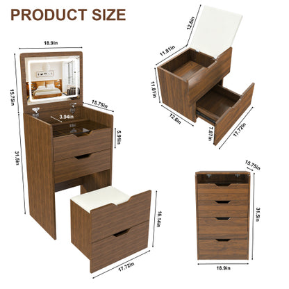 Walnut 3?in?1 Flip?Top Lighted Vanity Desk 18.9 inch L, Shatter?Proof HD Mirror, Storage Stool