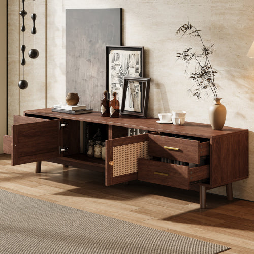 70.87 inch Dark Brown PE Rattan TV Stand 4 Drawer Pine Leg Media Console Fits Up To 80 Inch TV