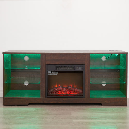 58 Inch Black Electric Fireplace TV Cabinet Bluetooth APP Controlled RGB LED Light Media Stand with Charging Ports for 62 Inch TV