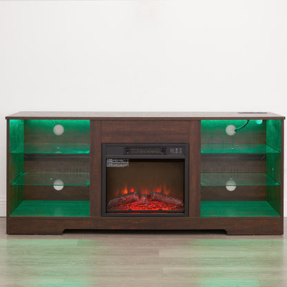 58 Inch Black Electric Fireplace TV Cabinet Bluetooth APP Controlled RGB LED Light Media Stand with Charging Ports for 62 Inch TV