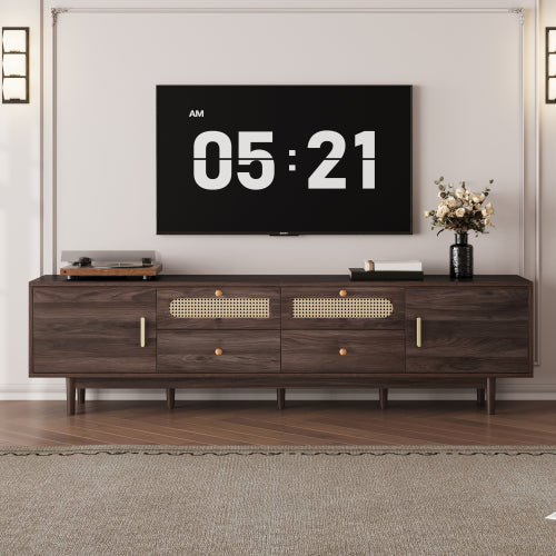 76.8 inch Dark Brown PE Rattan TV Stand Soft Close Cabinets For 85 Inch Large Screen TV