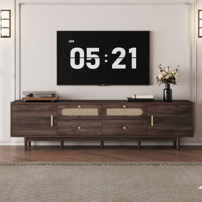 76.8 inch Dark Brown PE Rattan TV Stand Soft Close Cabinets For 85 Inch Large Screen TV