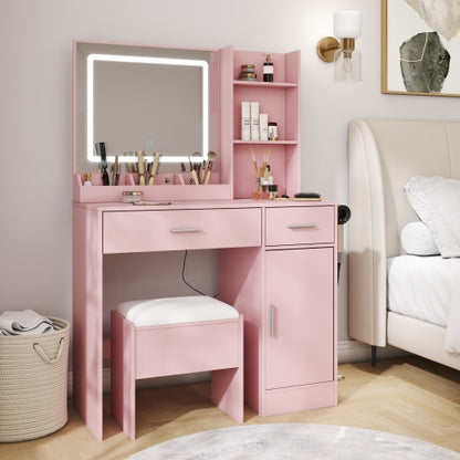 Lavin Pink Makeup Vanity Set with LED Mirror, Charging Station, Stool, 2 Drawers, Open Shelves & Storage Cabinet