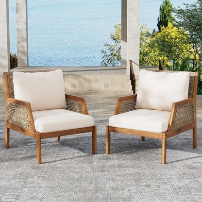 2 Piece Acacia Wood Patio Furniture Club Chair, Set of 2 Outdoor Wicker Armchair, Deep Seating with Soft Cushions for Porch, Garden, Backyard, Balcony, Teak & Mix Brown & Cream