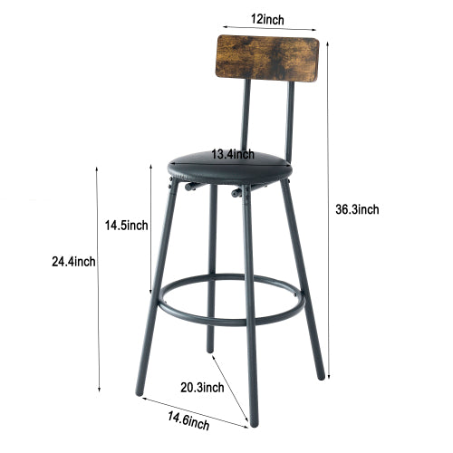 Round bar table and stool set with shelf, upholstered stool with backrest, Rustic Brown, 24.17inch W x 24.17inch D x 36.02inch H