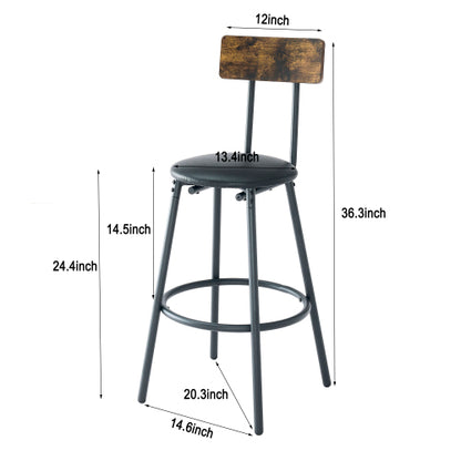 Round bar table and stool set with shelf, upholstered stool with backrest, Rustic Brown, 24.17inch W x 24.17inch D x 36.02inch H