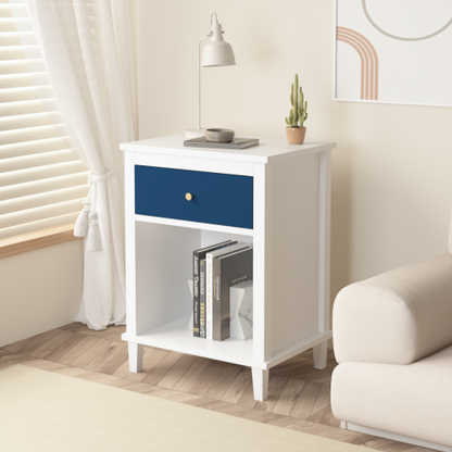26.77''H Wooden Nightstand with One Drawer One Shelf for Kids, Adults, Navy+Golden handle