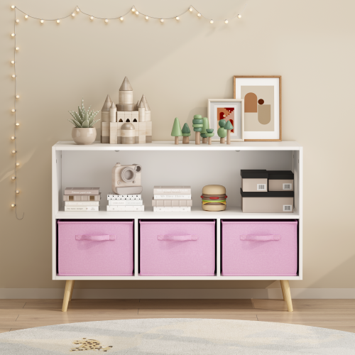 Kids Bookcase with Fabric Drawers and Toy Storage Organizer, White/Pink