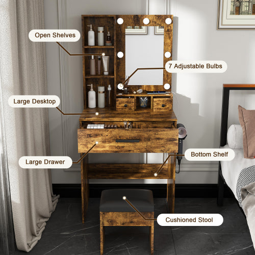 Vintage Compact LED Vanity Table Set, Power Outlet, Hairdryer Holder & Upholstered Stool
