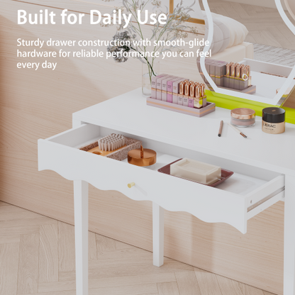 White 35.43inch  Vanity Desk with Drawer ¨C Modern Makeup Table with Scalloped Front & Gold Knob, Compact Writing Desk with 4 Sturdy Legs for Bedroom, Small Home Office & Apartment Spaces