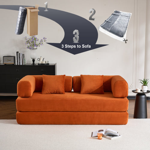 Orange Corduroy Convertible SofaBed with FixedShape Reinforced Metal Frame