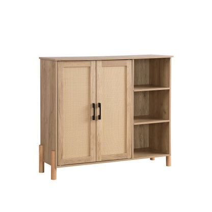 Mid Century Rattan Storage Cabinet with Open Shelves