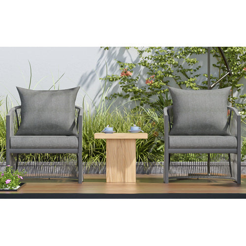 [Set of 2] Modern Gray Curved Aluminum Lounge Chair with Stylish Rope-Weave Design and Cushioned Comfort, Perfect for Outdoor Living
