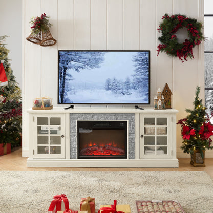 70 Inch TV Stand with 23 Inch Electric Fireplace Faux Stone White Console