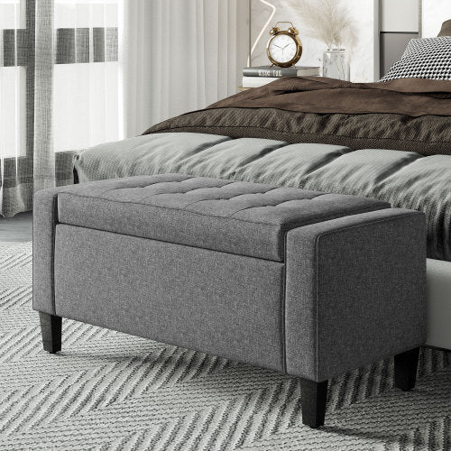 36.25 inch Gray Linen Tufted Storage Ottoman Bench, Lift Top Footrest, 330 LBS Rubberwood Leg End-of-Bed Stool